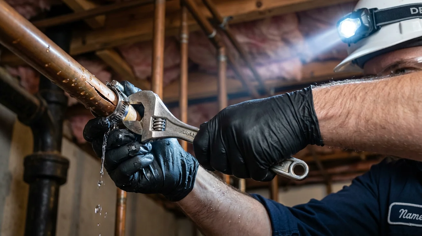 Emergency pipe clamp repair being performed by a Johns Plumbing LLC plumber in Ashland City