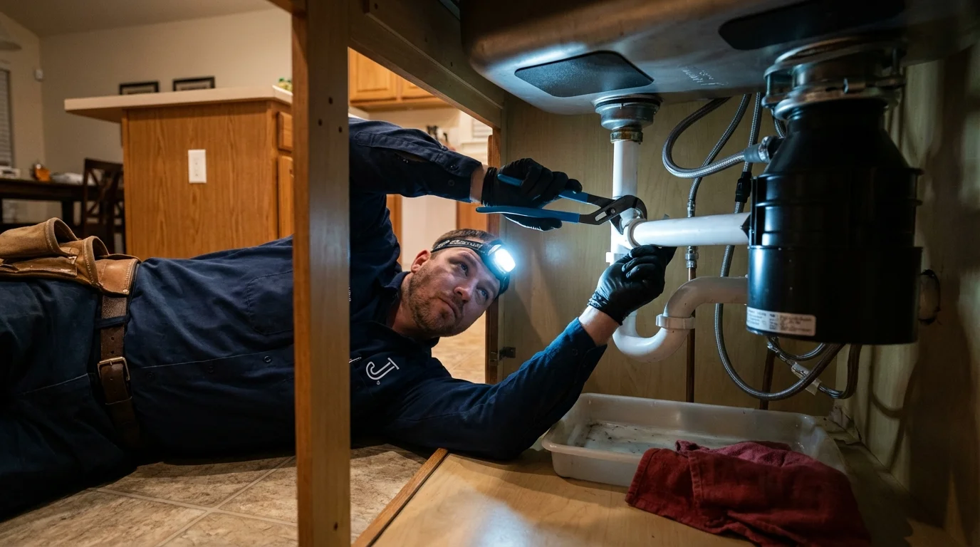P-trap and supply line connections under a kitchen sink showing a common leak point in Ashland City, TN